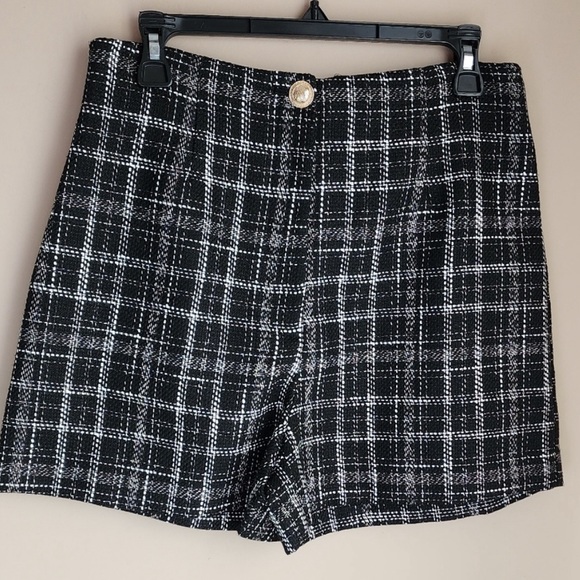 zara brown navy tweed high waist shorts . m